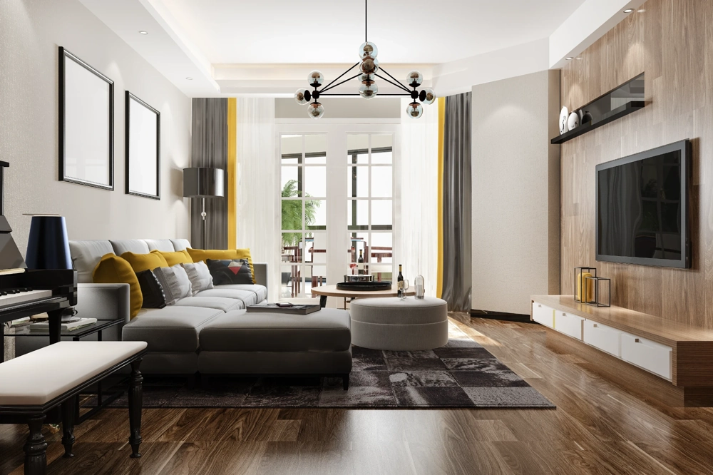 Nowoczesny salon z narożną sofą, stolikiem kawowym, telewizorem na ścianie i drewnianą podłogą – układanie paneli
