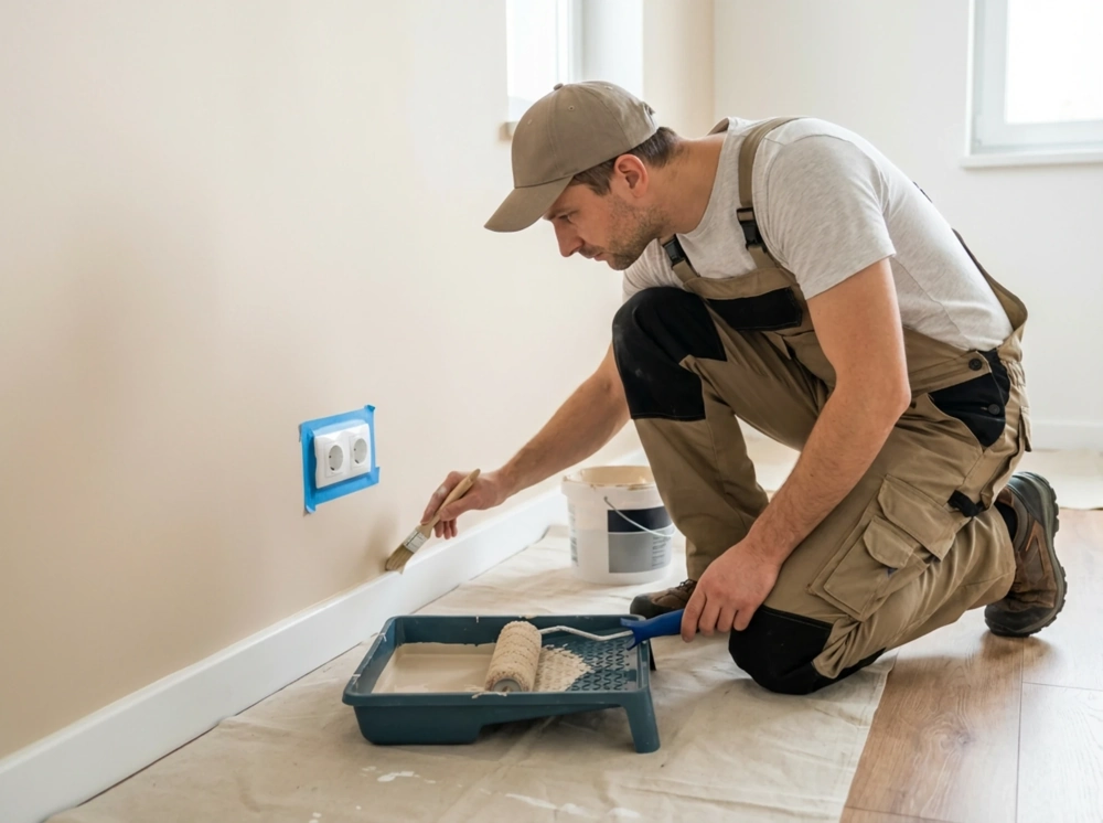 Mężczyzna malujący listwę przypodłogową pędzlem w ramach usługi Malowanie