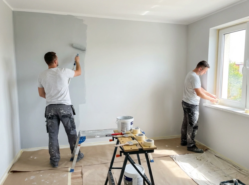 Malowanie wnętrza: pracownik z wałkiem nakłada szarą farbę, drugi przygotowuje taśmę przy oknie