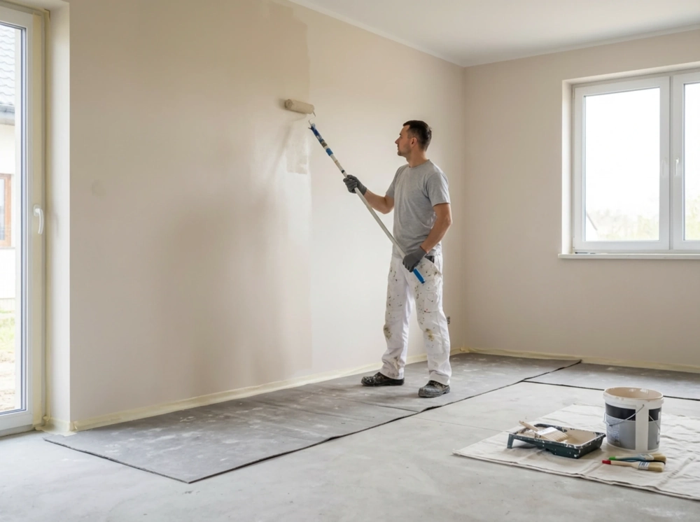 Fachowiec maluje wałkiem ścianę w wykończanym wnętrzu, z wiadrem farby i zabezpieczonymi podłogami – usługa Malowanie