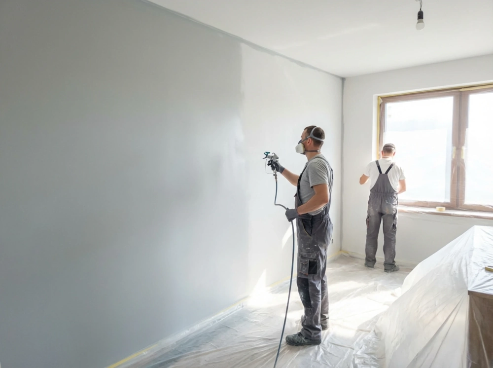 Malowanie natryskowe ściany w mieszkaniu przez dwóch fachowców z zabezpieczonym podłogiem folią