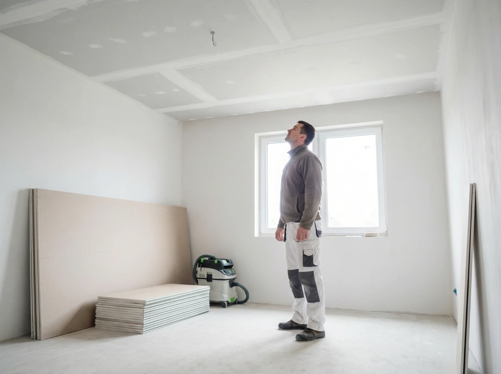 Montaż sufitów podwieszanych – pracownik mierzy i montuje płyty GK w pustym pokoju