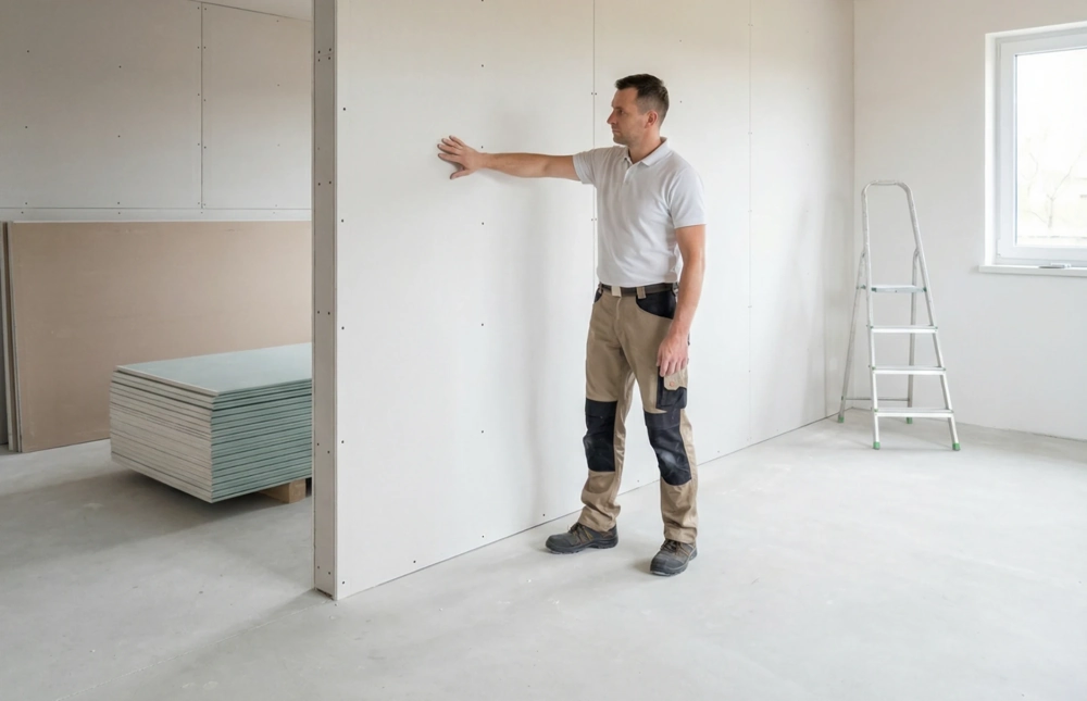 Montaż ścianki z płyt GK przez pracownika we wnętrzu pomieszczenia, widoczna drabina i stos płyt