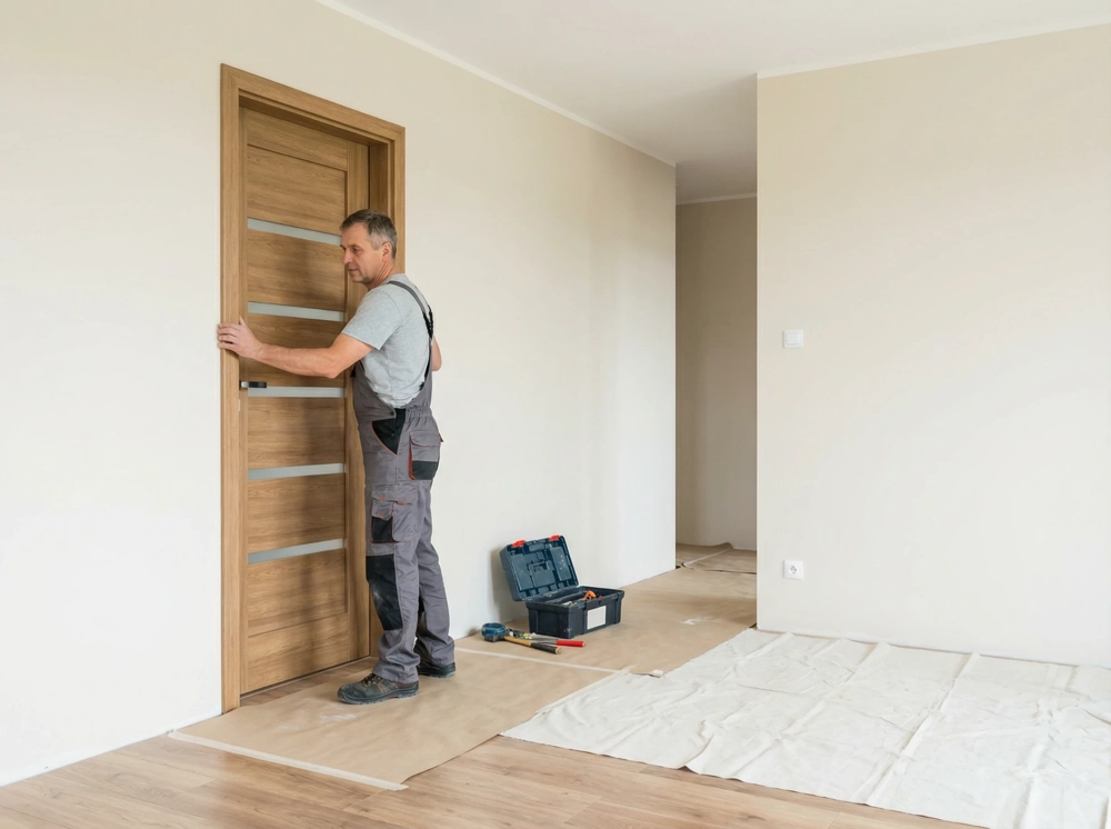 Monter precyzyjnie montuje drewniane drzwi w odświeżonym pomieszczeniu – Montaż drzwi