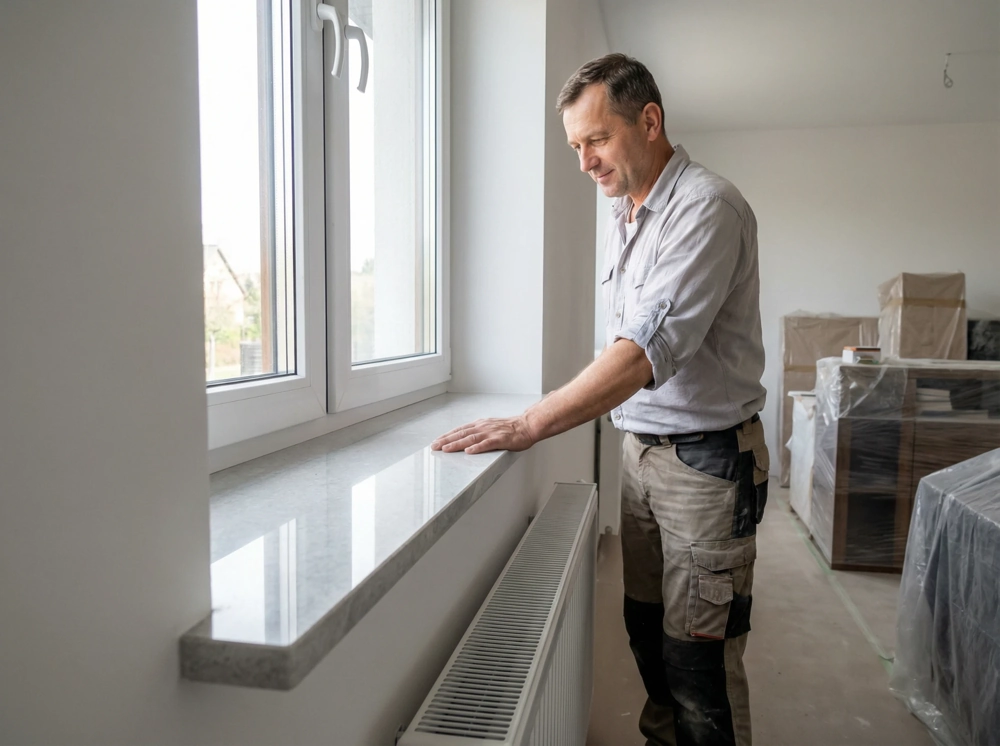 Parapety: fachowiec sprawdza zamontowany marmurowy parapet okienny w remontowanym wnętrzu